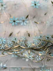 Fancy Organza - 54-inches Wide Light Blue Embroidered Flowers on White