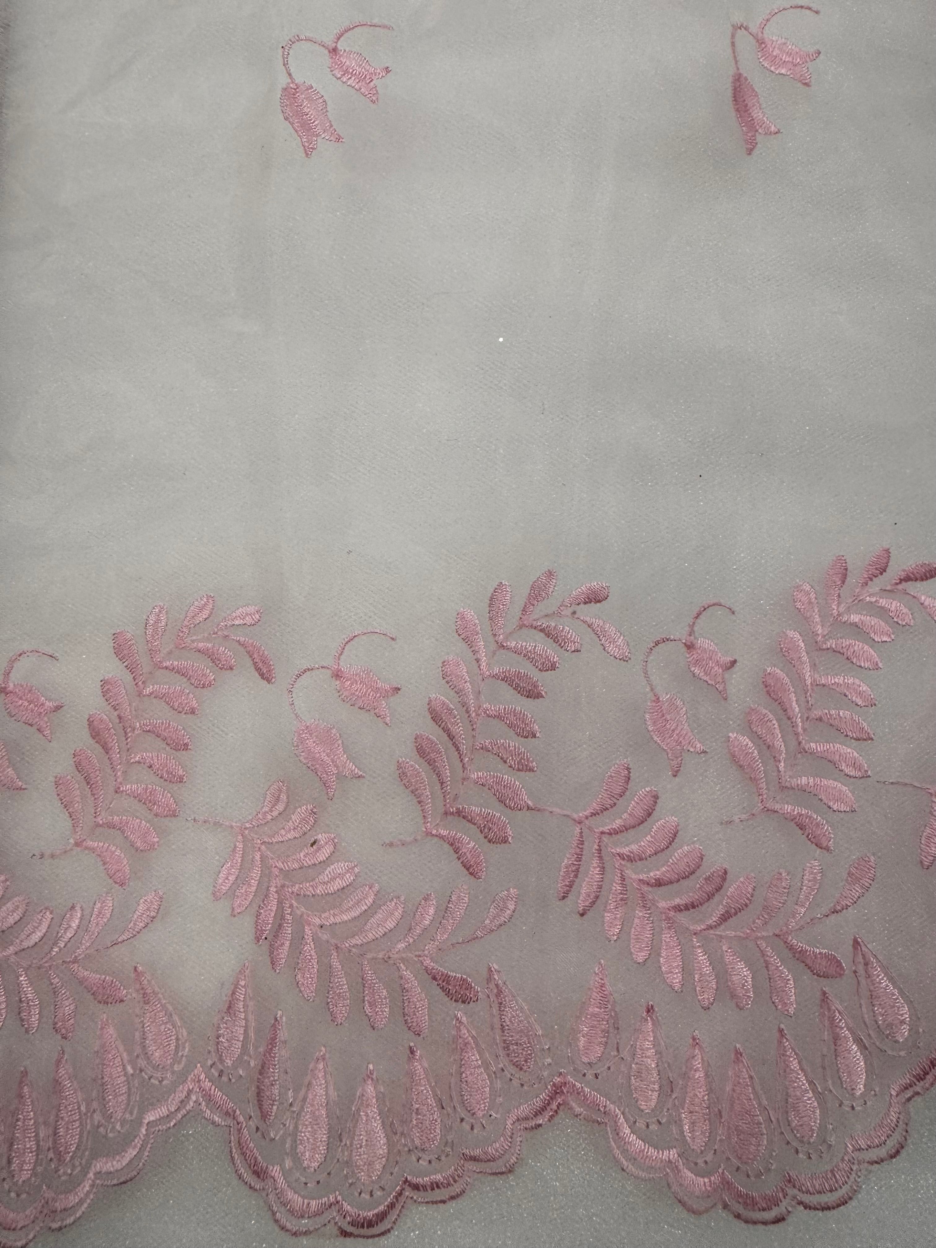 Pink embroidered lace trim with leaf patterns on a sheer palest pink mesh fabric.