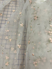 Fancy Organza -  White with Embroidered Flower Design Peachy Pink