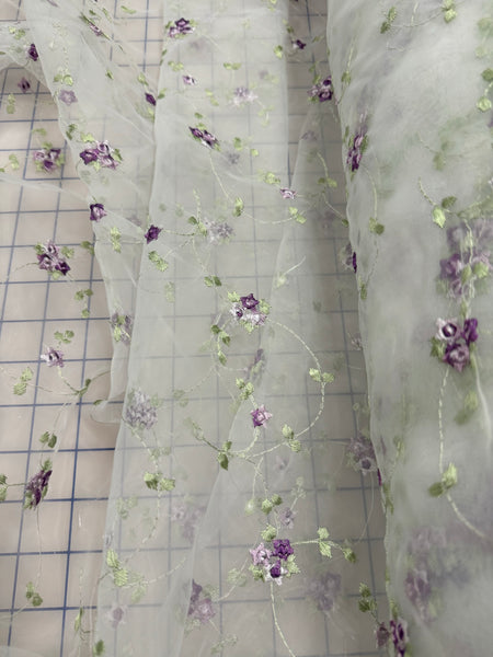 Fancy Organza -  White with Embroidered Flower Design Purple