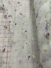 Fancy Organza -  White with Embroidered Flower Design Purple