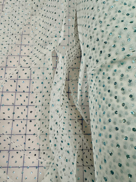 Fancy Organza- 60-inches Wide Soft White with Aquamarine Sparkle Dots