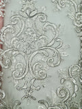 Fancy Lace - 52-inches Wide Metallic Corded Embroidered Silver on White