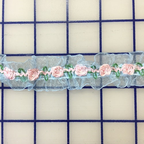 Stretch Trim - 1-inch Ruffle with Flowers Blue/Pink