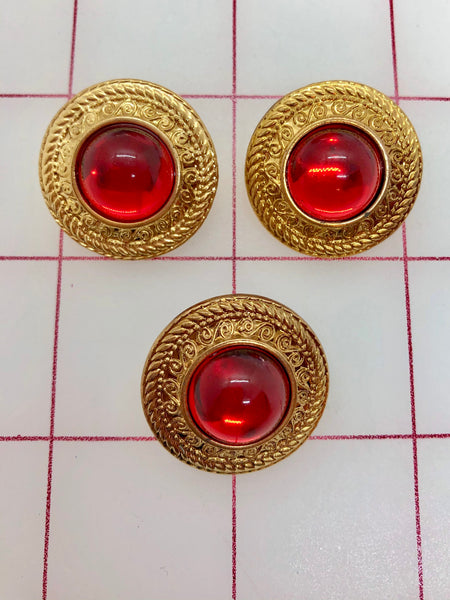 Button - Gold with Red Acrylic Rhinestone 3-Pack Close-Out