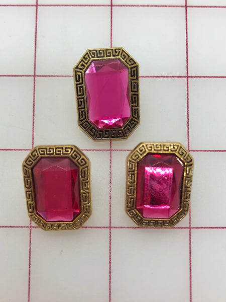 Button - Octagonal Antique Gold with Pink Acrylic Rhinestone 3-Pack Close-Out