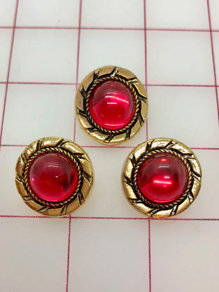 Button - Gold Round with Candy Apple Red Acrylic Rhinestone 3-Pack Close-Out