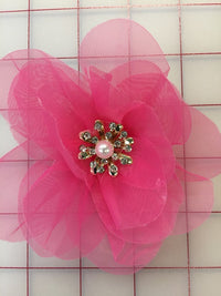 Flowers - Organza Flower with Crystals Fuschia Close-Out