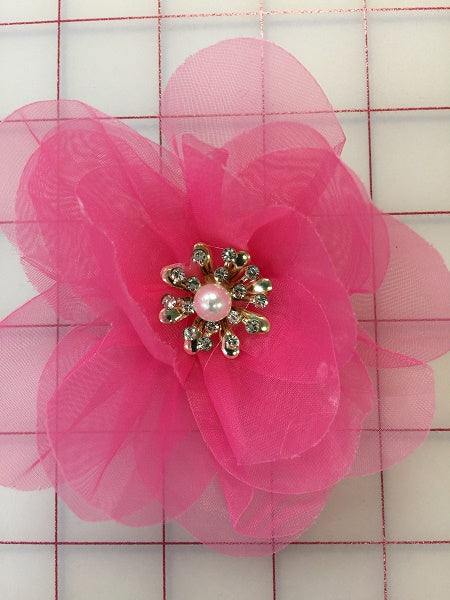 Flowers - Organza Flower with Crystals Fuschia Close-Out