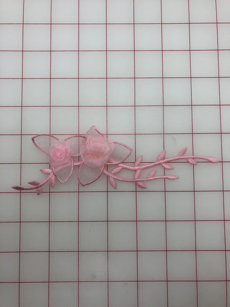 Flowers - Organza Pink Iron-On Flowers with Vine Iron-On 7-in