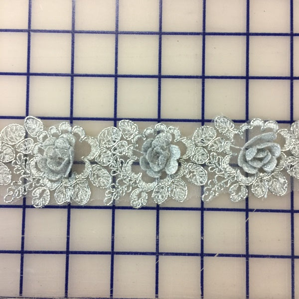 Metallic Trim - Silver Metallic 3D Rose Trim
