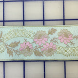 Ribbon Trim - Embroidered Floral Design Mint Green with Pink