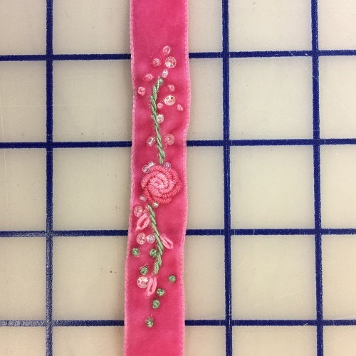 Velvet Ribbon - 1/2-inch Vintage Hand-Embroidered Pink