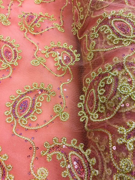 Fancy Sequined Paisley - 50-inches Wide Coral and Gold