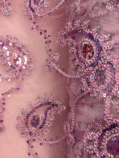 Fancy Sequined Paisley - 50-inches Wide Pink and Silver