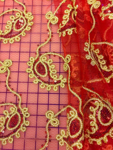 Fancy Sequined Paisley - 50-inches Wide Red and Gold