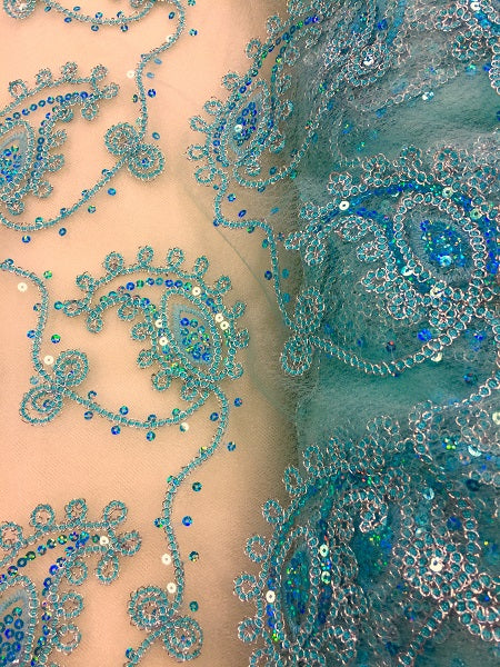 Fancy Sequined Paisley - 50-inches Wide Mint and Silver