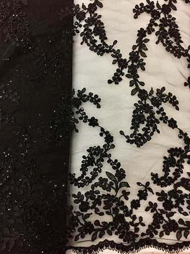 Fancy Lace - 52-inches Wide Hand-Beaded Embroidered on Tulle Black