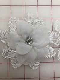 Applique - White 3D Lace Flower Motifs with Crystal Rhinestone Centers