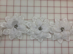 Applique - White 3D Lace Flower Motifs with Crystal Rhinestone Centers
