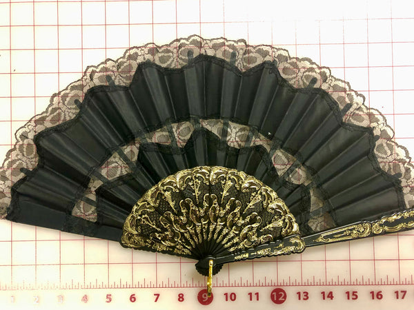 Spanish Fan - Black with Black Lace and Gold Design