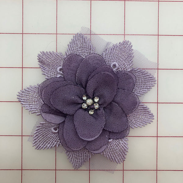 Applique - Custom-Dyed 3D Lace Flower Motif with Crystal Rhinestone Centers Plum Only 1 Left!