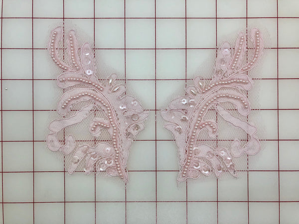 Applique - Beaded and Sequined Lace Motif Pairs Pink