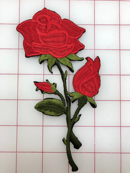 Flowers - Red Embroidered Rose and Buds with Green Leaves Iron-On