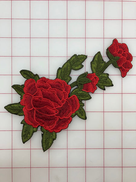 Flowers - Red Embroidered Roses with Green Leaves Iron-On