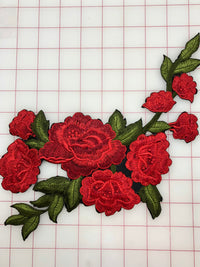 Flowers - Multiple Red Embroidered Roses with Green Leaves Iron-On