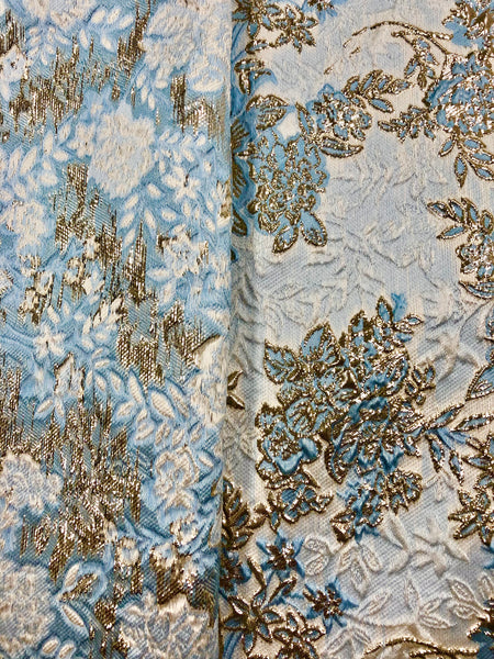 Brocade - 58-in 3D Blue, Winter White, and Palest Gold Reversible back In Stock!