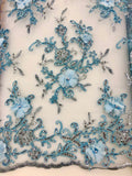 Fancy Lace - 52-inches Wide Corded Sequined Embroidered 3D Blue Only One 3/4-yard Piece Left!