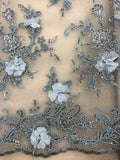 Fancy Lace - 52-inches Wide Corded Sequined Embroidered 3D Blue
