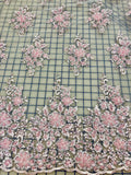 Fancy Lace - 52-inches Wide Metallic Silver-Corded Beaded Embroidered Pink