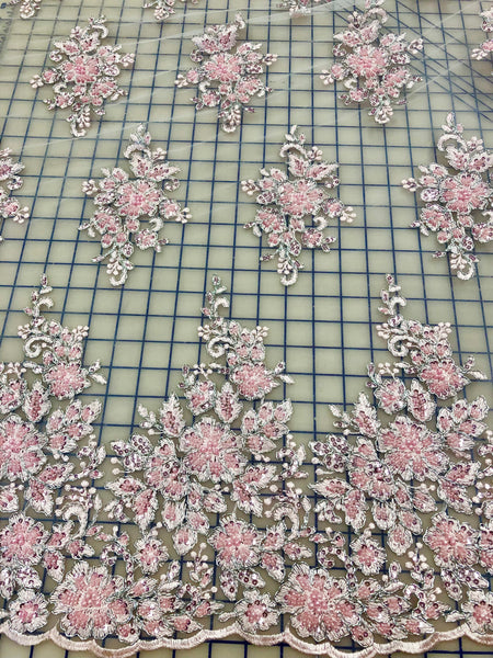 Fancy Lace - 52-inches Wide Metallic Silver-Corded Beaded Embroidered Pink